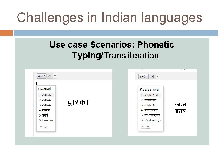Challenges in Indian languages Use case Scenarios: Phonetic Typing/Transliteration क रत सनय 