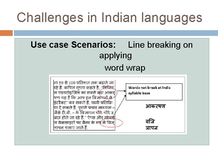 Challenges in Indian languages Use case Scenarios: Line breaking on applying word wrap आकरषण