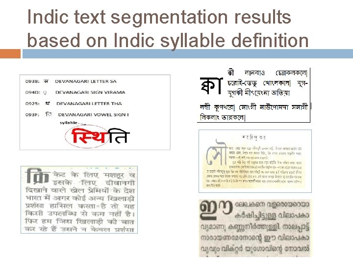 Indic text segmentation results based on Indic syllable definition 