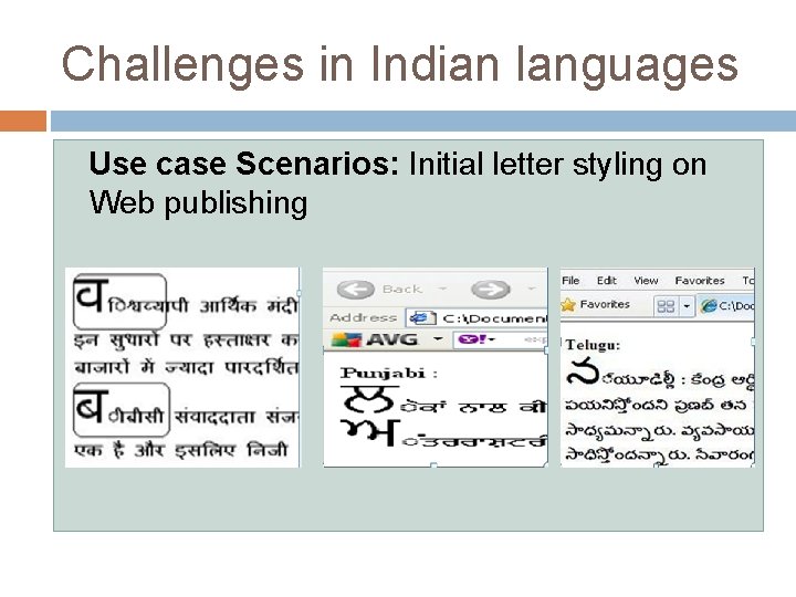 Challenges in Indian languages Use case Scenarios: Initial letter styling on Web publishing 