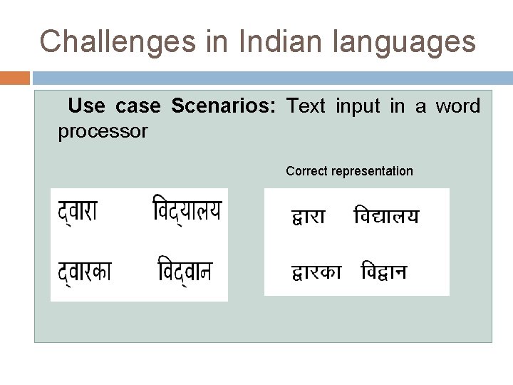 Challenges in Indian languages Use case Scenarios: Text input in a word processor Correct
