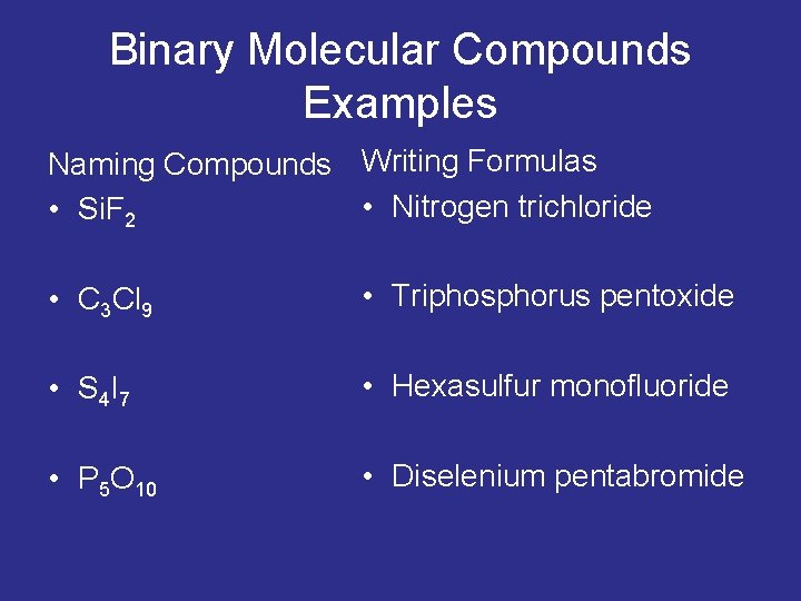 Binary Molecular Compounds Examples Naming Compounds Writing Formulas • Nitrogen trichloride • Si. F