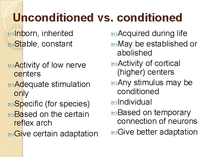 Unconditioned vs. conditioned Inborn, inherited Acquired during life Stable, constant May be established or