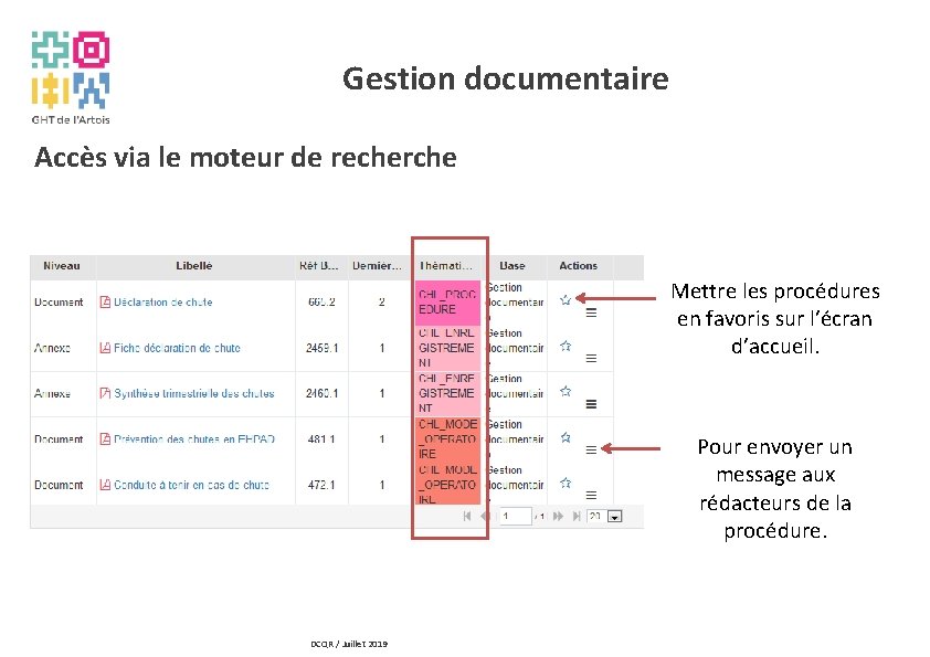 Gestion documentaire Accès via le moteur de recherche Mettre les procédures en favoris sur