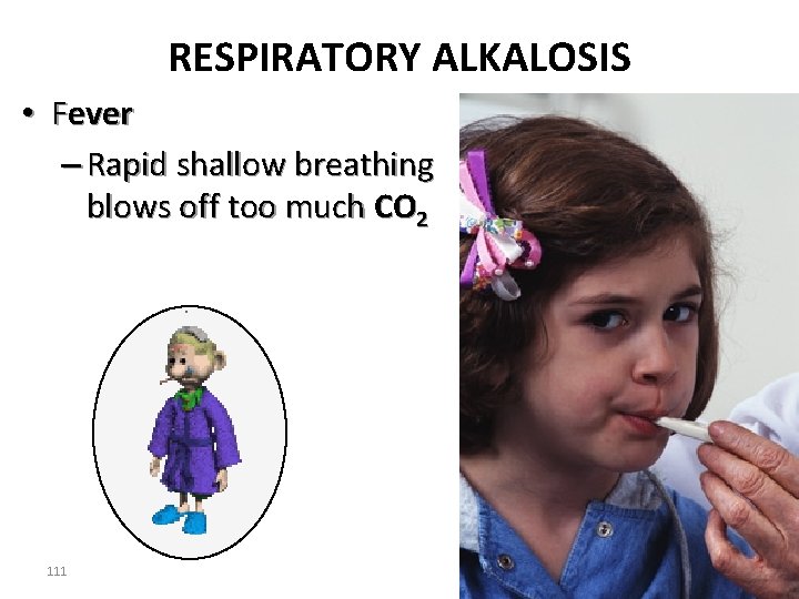 RESPIRATORY ALKALOSIS • Fever – Rapid shallow breathing blows off too much CO 2