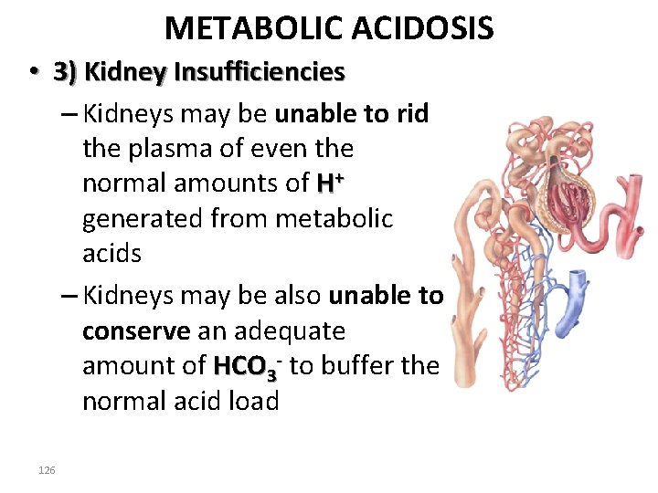 METABOLIC ACIDOSIS • 3) Kidney Insufficiencies – Kidneys may be unable to rid the