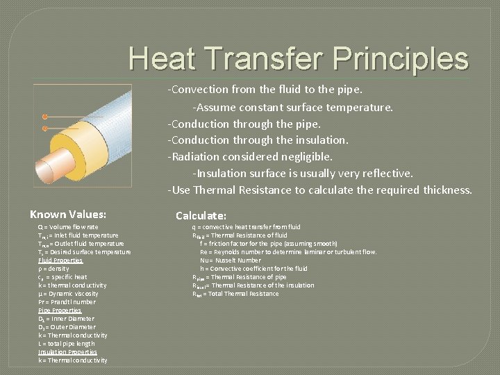 Heat Transfer Principles -Convection from the fluid to the pipe. -Assume constant surface temperature.