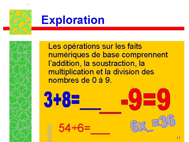 Exploration Les opérations sur les faits numériques de base comprennent l’addition, la soustraction, la