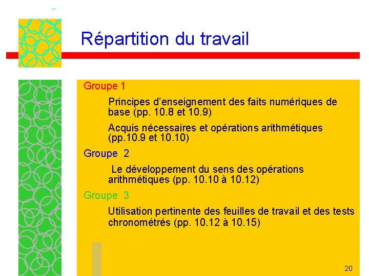 Répartition du travail Groupe 1 Principes d’enseignement des faits numériques de base (pp. 10.