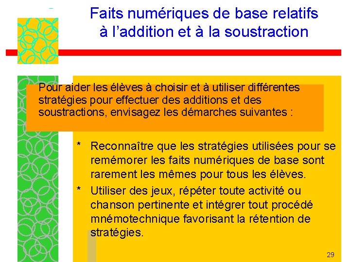 Faits numériques de base relatifs à l’addition et à la soustraction Pour aider les