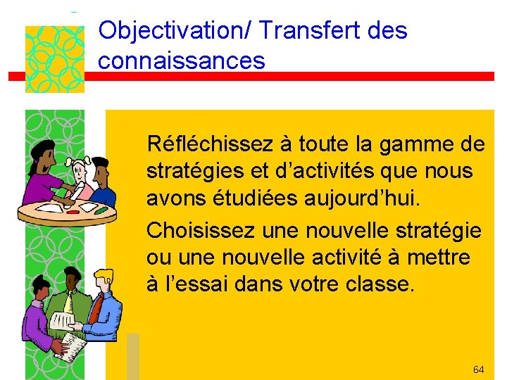 Objectivation/ Transfert des connaissances Réfléchissez à toute la gamme de stratégies et d’activités que