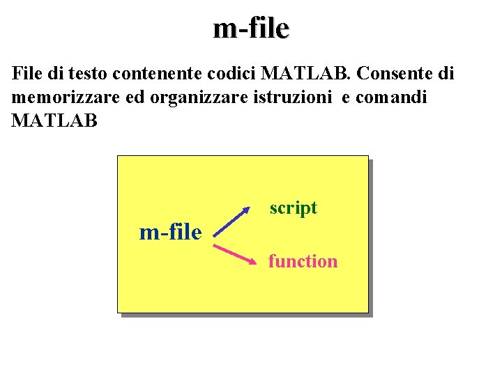 m-file File di testo contenente codici MATLAB. Consente di memorizzare ed organizzare istruzioni e