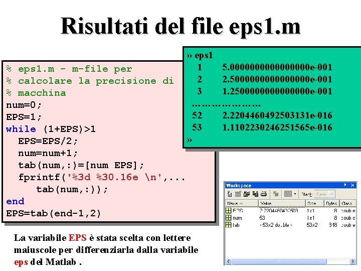 Risultati del file eps 1. m % eps 1. m - m-file per %