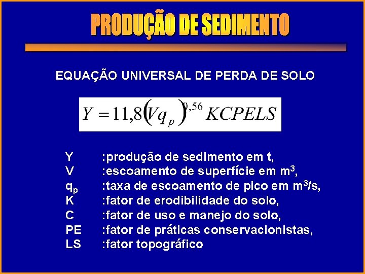 EQUAÇÃO UNIVERSAL DE PERDA DE SOLO Y V qp K C PE LS :