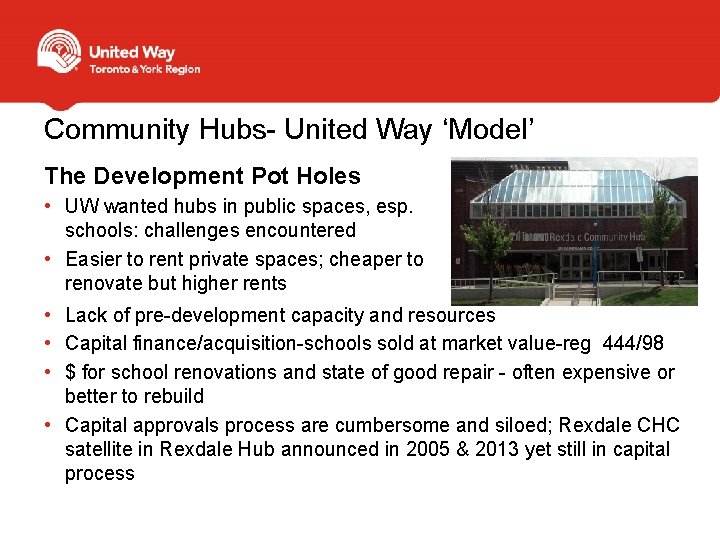 Community Hubs- United Way ‘Model’ The Development Pot Holes • UW wanted hubs in