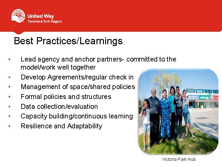 Best Practices/Learnings • • Lead agency and anchor partners- committed to the model/work well