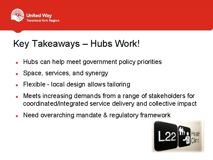 Key Takeaways – Hubs Work! Hubs can help meet government policy priorities Space, services,