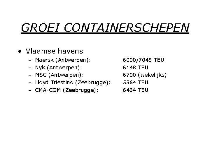 GROEI CONTAINERSCHEPEN • Vlaamse havens – – – Maersk (Antwerpen): Nyk (Antwerpen): MSC (Antwerpen):