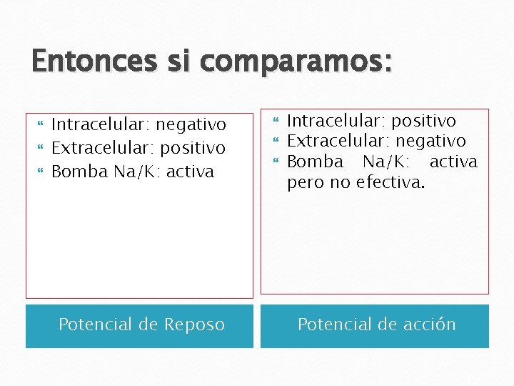 Entonces si comparamos: Intracelular: negativo Extracelular: positivo Bomba Na/K: activa Potencial de Reposo Intracelular: