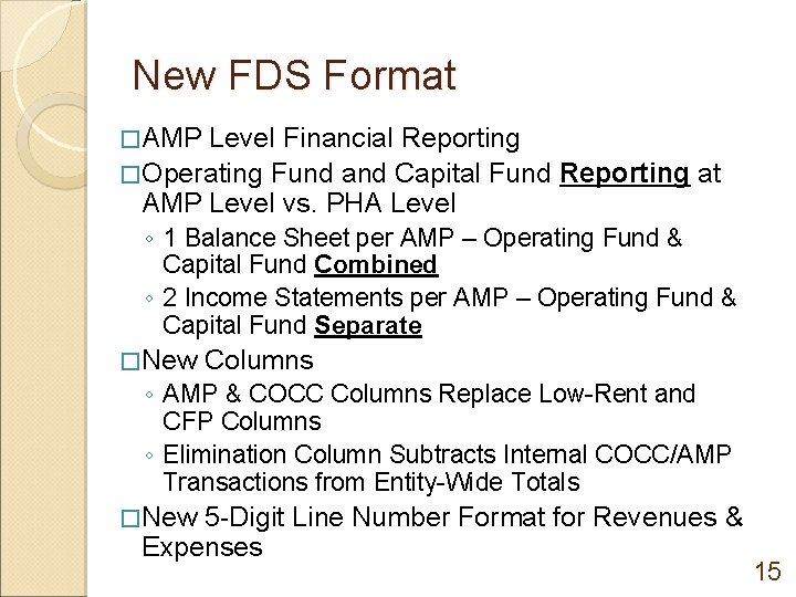 New FDS Format �AMP Level Financial Reporting �Operating Fund and Capital Fund Reporting at