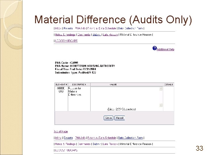 Material Difference (Audits Only) 33 