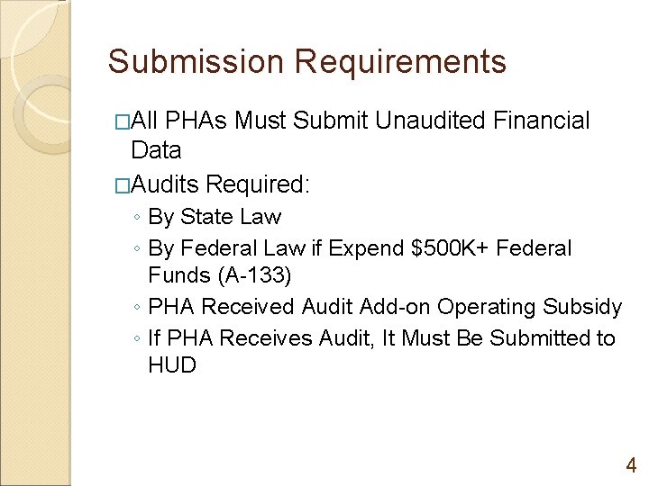 Submission Requirements �All PHAs Must Submit Unaudited Financial Data �Audits Required: ◦ By State