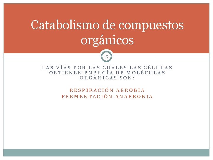 Catabolismo de compuestos orgánicos 5 LAS VÍAS POR LAS CUALES LAS CÉLULAS OBTIENEN ENERGÍA