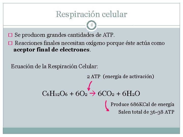 Respiración celular 8 � Se producen grandes cantidades de ATP. � Reacciones finales necesitan