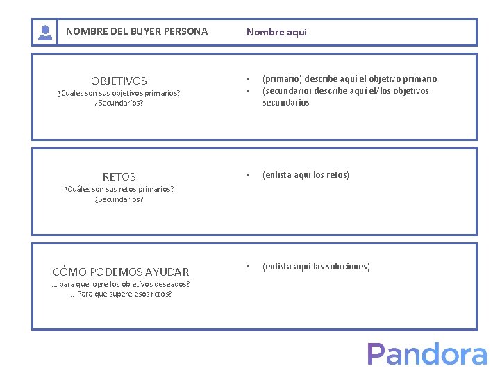 NOMBRE DEL BUYER PERSONA Nombre aquí OBJETIVOS • • (primario) describe aquí el objetivo