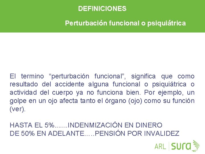 DEFINICIONES Perturbación funcional o psiquiátrica El termino “perturbación funcional”, significa que como resultado del