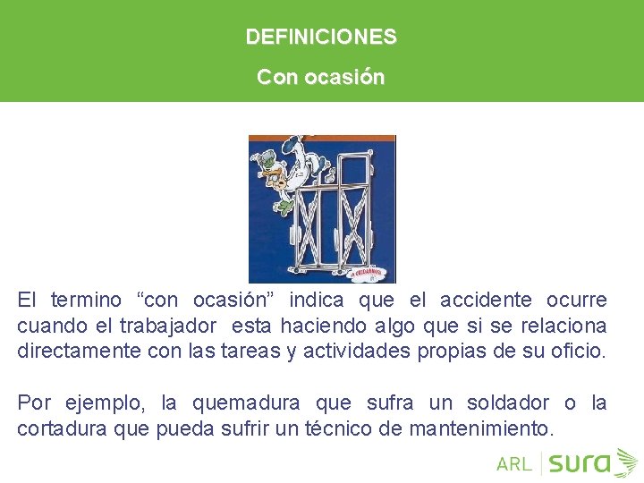 DEFINICIONES Con ocasión El termino “con ocasión” indica que el accidente ocurre cuando el