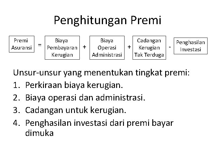 Penghitungan Premi Asuransi = Biaya Pembayaran Kerugian + Biaya Operasi Administrasi + Cadangan Kerugian