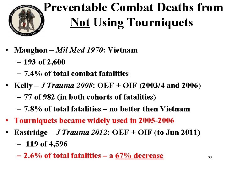  Preventable Combat Deaths from Not Using Tourniquets • Maughon – Mil Med 1970: