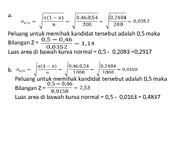 a. Peluang untuk memihak kandidat tersebut adalah 0, 5 maka Bilangan Z = Luas