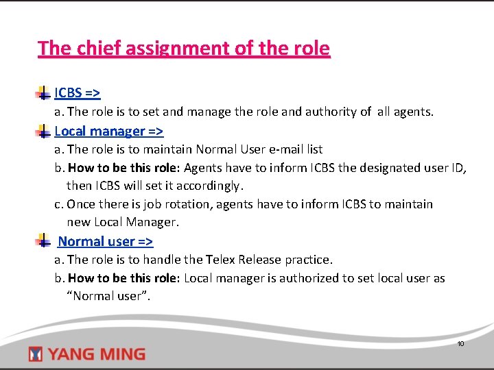 The chief assignment of the role ICBS => a. The role is to set