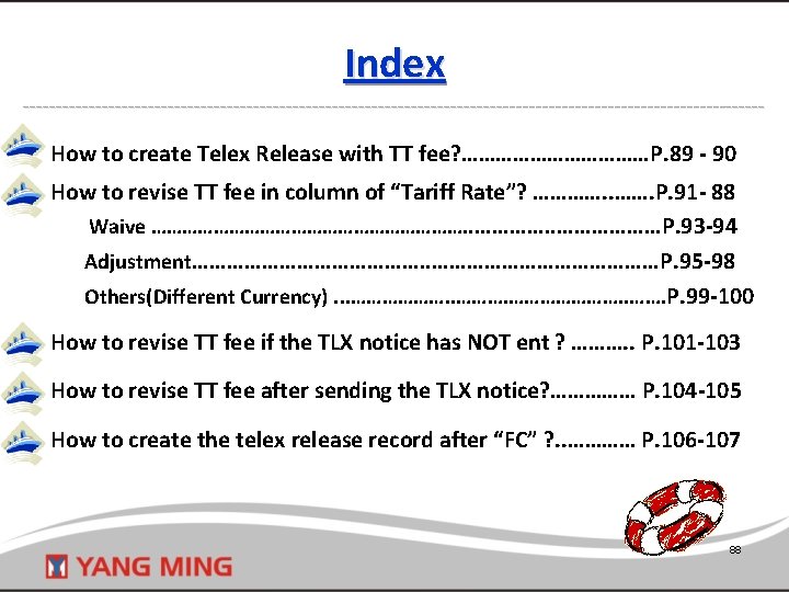 Index --------------------------------------------------------- How to create Telex Release with TT fee? ………………P. 89 - 90