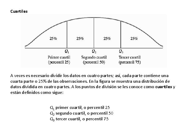 Cuartiles A veces es necesario dividir los datos en cuatro partes; así, cada parte