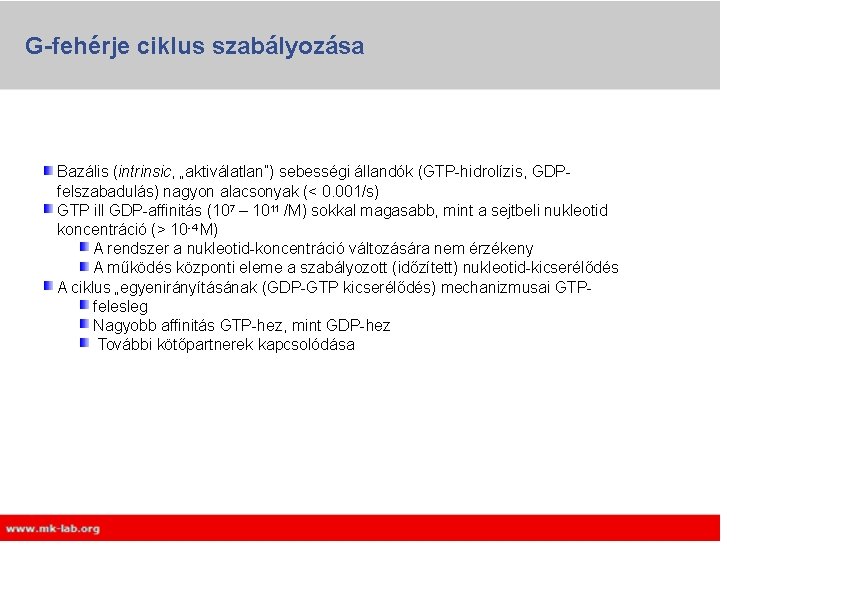 G-fehérje ciklus szabályozása Bazális (intrinsic, „aktiválatlan”) sebességi állandók (GTP-hidrolízis, GDPfelszabadulás) nagyon alacsonyak (< 0. G-fehérje ciklus szabályozása Bazális (intrinsic, „aktiválatlan”) sebességi állandók (GTP-hidrolízis, GDPfelszabadulás) nagyon alacsonyak (< 0.