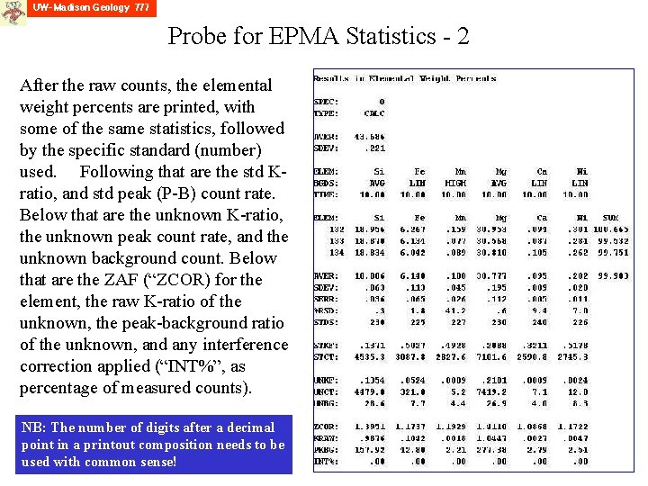 Probe for EPMA Statistics - 2 After the raw counts, the elemental weight percents