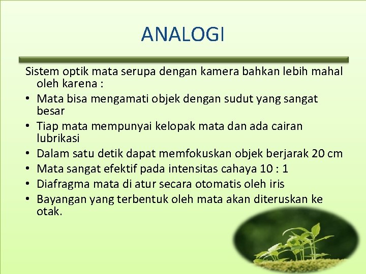 ANALOGI Sistem optik mata serupa dengan kamera bahkan lebih mahal oleh karena : •