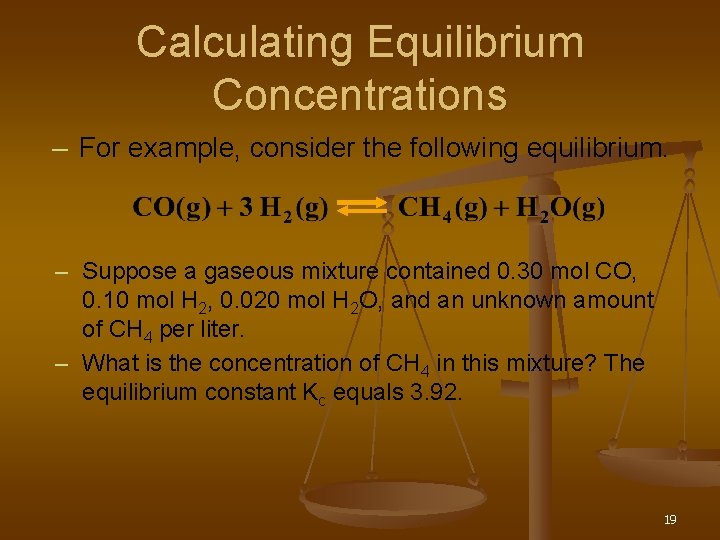 Calculating Equilibrium Concentrations – For example, consider the following equilibrium. – Suppose a gaseous