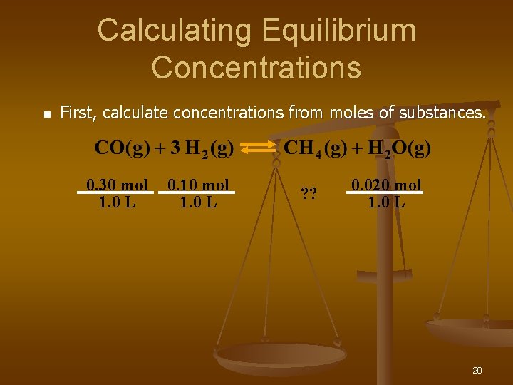 Calculating Equilibrium Concentrations n First, calculate concentrations from moles of substances. 0. 30 mol