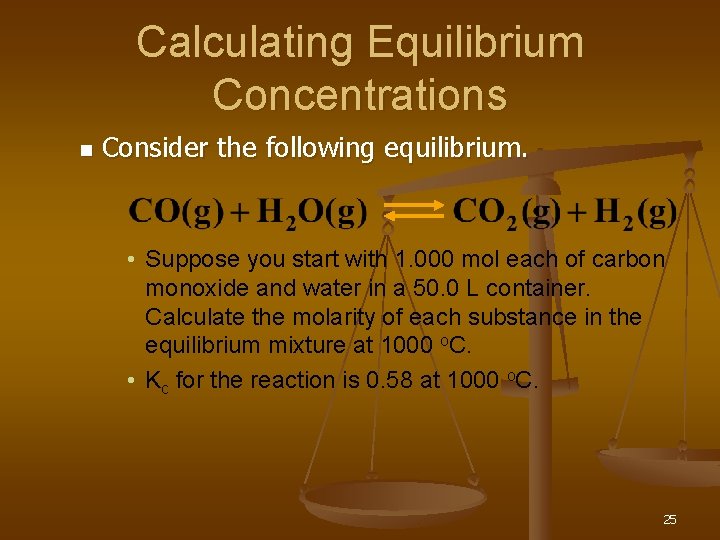 Calculating Equilibrium Concentrations n Consider the following equilibrium. • Suppose you start with 1.