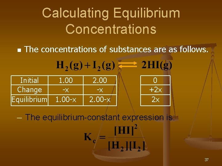 Calculating Equilibrium Concentrations n The concentrations of substances are as follows. Initial 1. 00