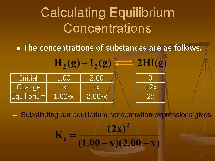 Calculating Equilibrium Concentrations n The concentrations of substances are as follows. Initial 1. 00