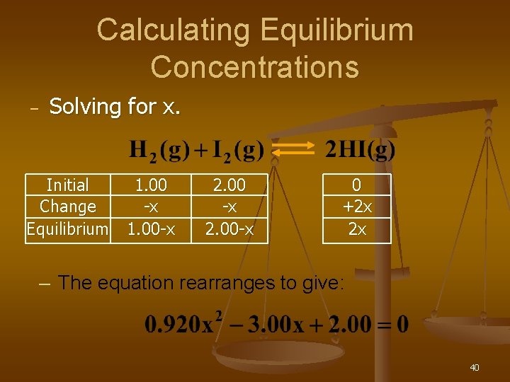 Calculating Equilibrium Concentrations – Solving for x. Initial 1. 00 Change -x Equilibrium 1.