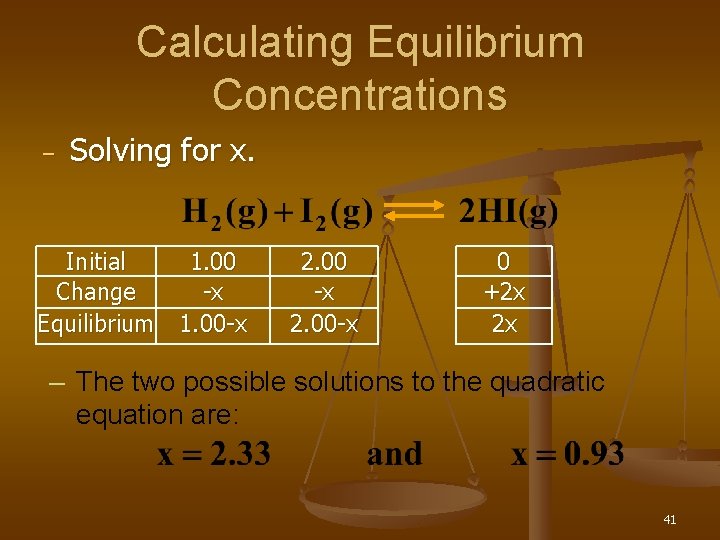 Calculating Equilibrium Concentrations – Solving for x. Initial 1. 00 Change -x Equilibrium 1.