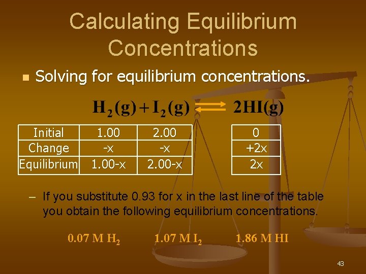 Calculating Equilibrium Concentrations n Solving for equilibrium concentrations. Initial 1. 00 Change -x Equilibrium