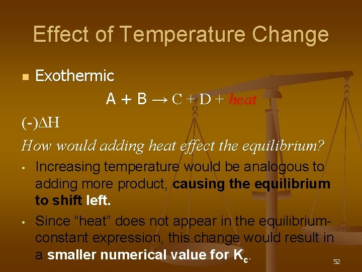 Effect of Temperature Change Exothermic A + B → C + D + heat