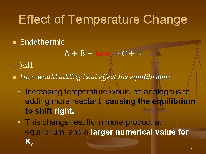 Effect of Temperature Change Endothermic A + B + heat → C + D